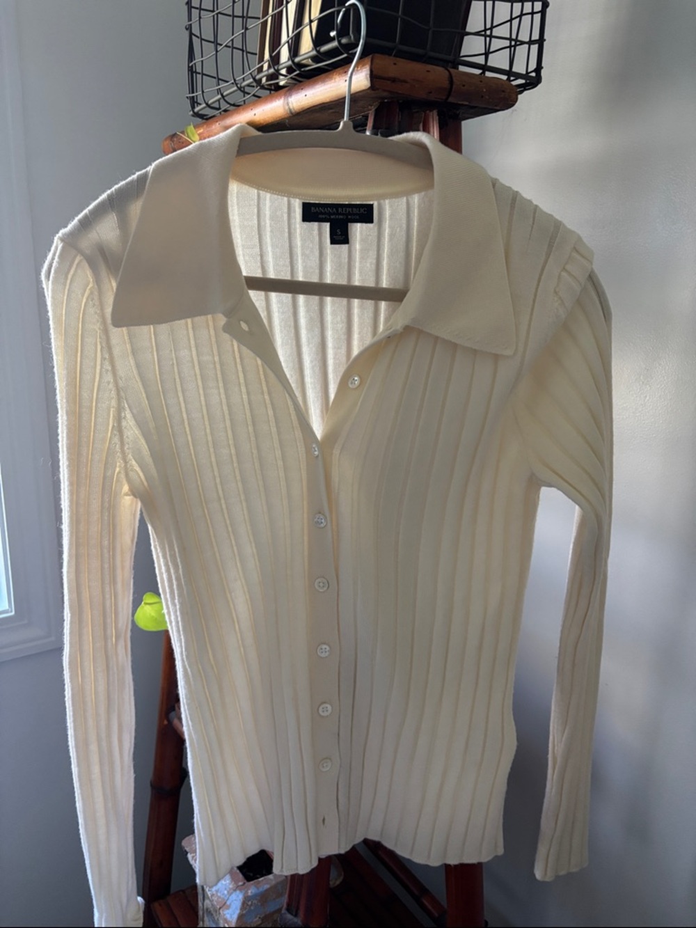 Banana Republic Ivory Lightweight Merino Wool Ribbed Button-Down Cardigan